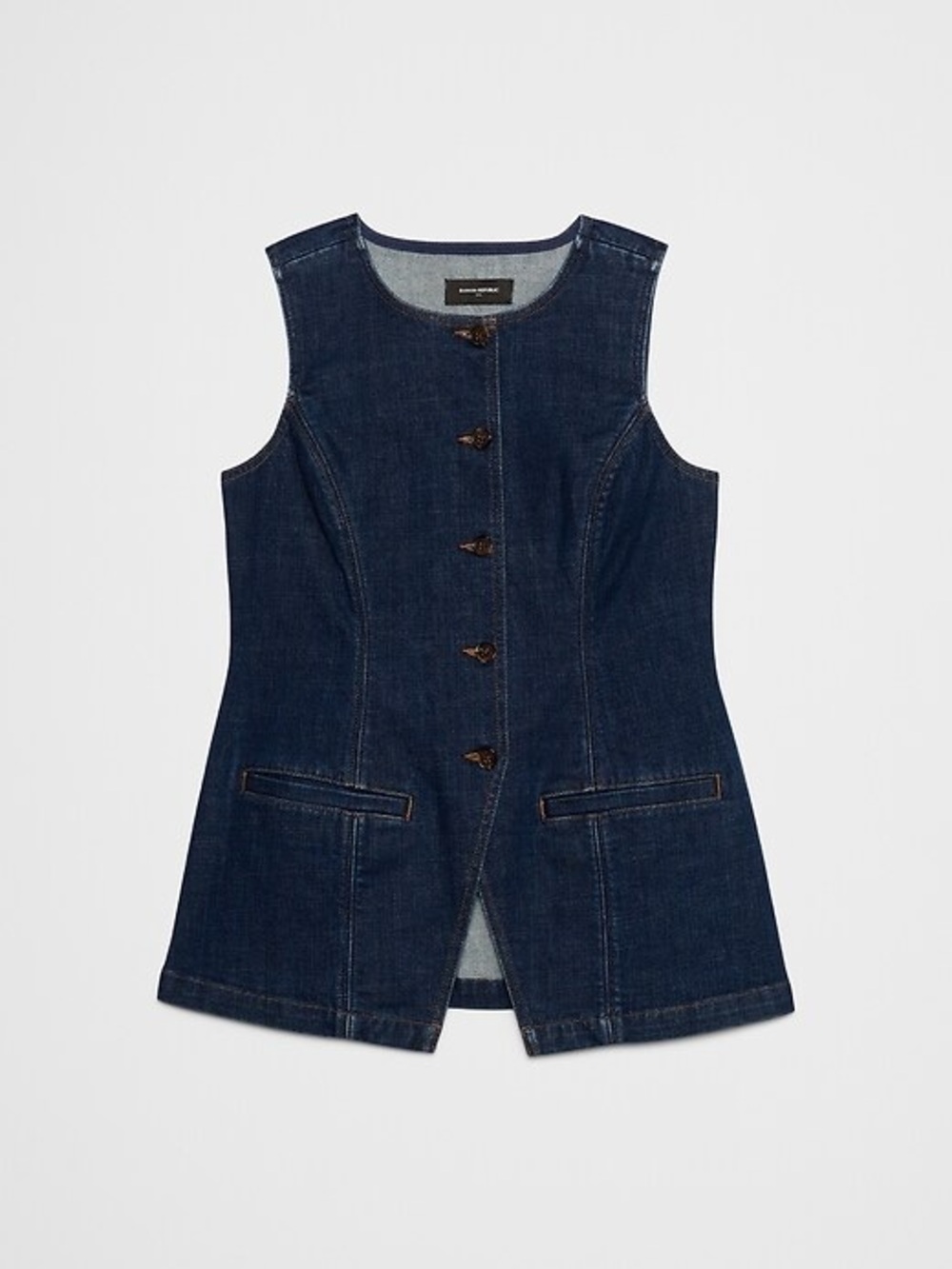 Banana Republic Long Cutaway Vest, Dark Blue Button Front Vest — NWOT